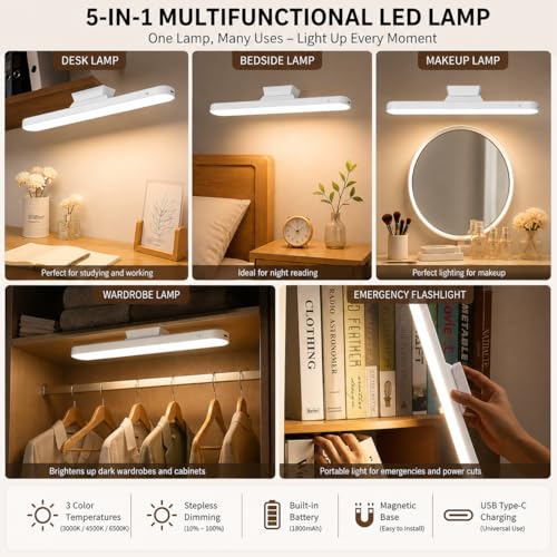 Image of Desk Light | USB Rechargeable Magnetic Cabinet Light | LED Under Cabinet Lamp with 3-Color Dimmable Modes, Adjustable Angle and Brightness for Cupboard, Closet, Makeup Mirror (1 Psc)