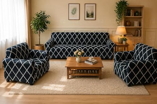 Image of Gifts Island Sofa Cover 3 Seater and 2 Seater Fully Covered Universal 5 Seater Sofa Cover Non-Slip Sticky Elastic Stretchable Sofa Set Slipcover Protector for (3+1+1 Seater) (Peacock Grill)