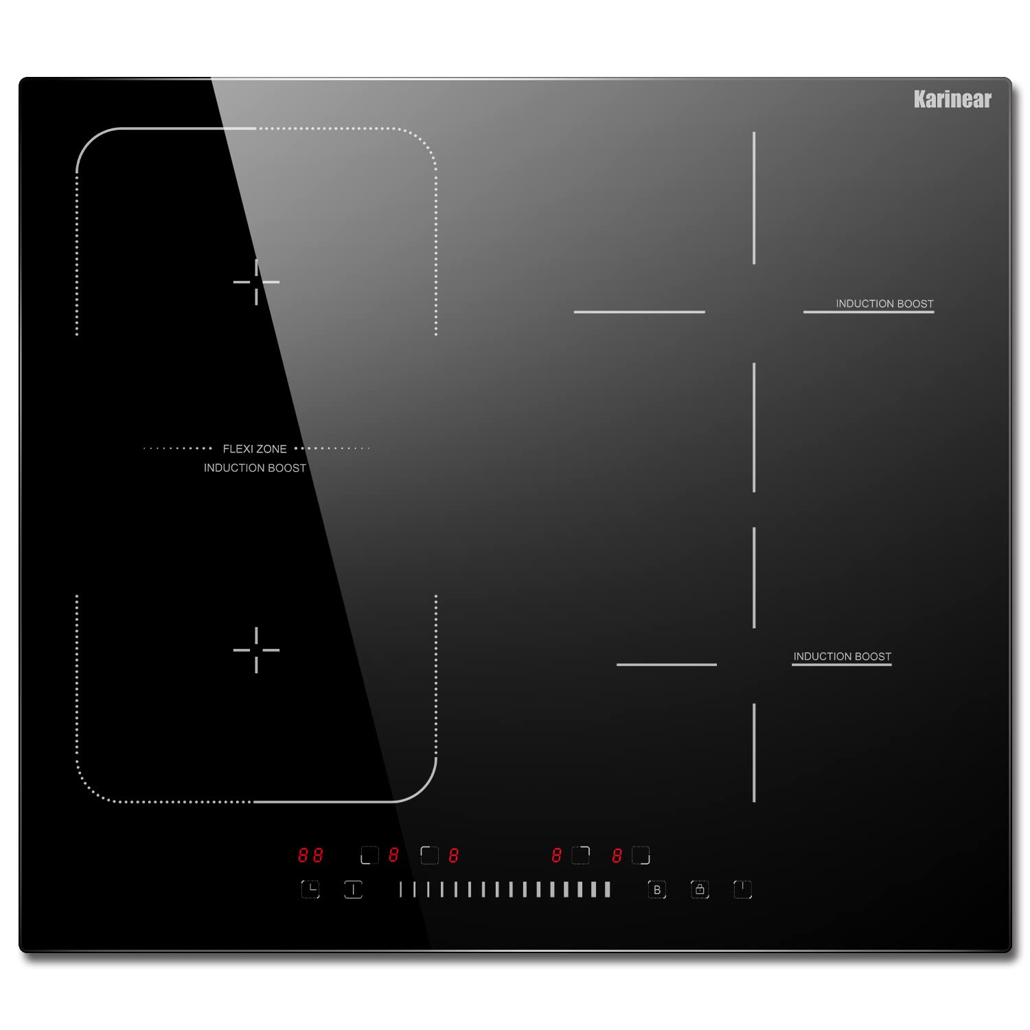 Karinear Induktionskochfeld 4 Platten 7200W, Autark Induktionsfeld 60 cm Einbau, Kochfeld Induktion 4 Zonen mit Flexzone, Schieberegler, Boost-Funktion und Timer, 240V, kein Stecker