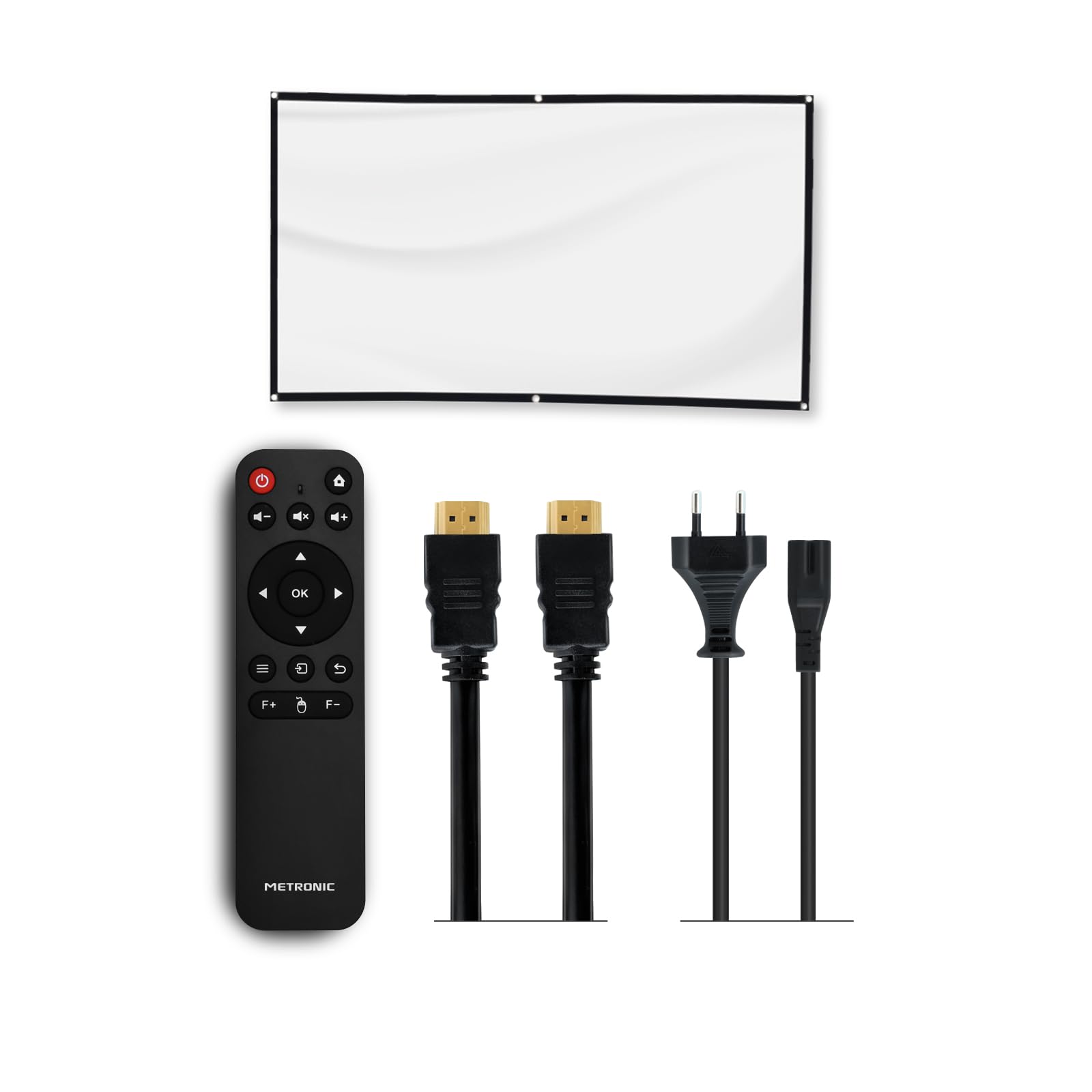 Metronic 475350 – Proyector Portátil WiFi Bluetooth | 3000 LM | Full HD Compatible | Pantalla hasta 150" | Corrección Trapezoidal Automática | Altavoz | Incluye Pantalla 60" y Mando | Negro