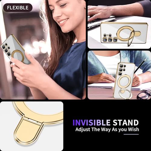 Image of Magnetic Stand & Full Camera Lens Protector Case for Samsung Galaxy S25 Ultra[Compatible with MagSafe][Military Drop Protective]Not Yellowing Clear Slim Soft S25 Ultra Phone Case for Women Men,Gold