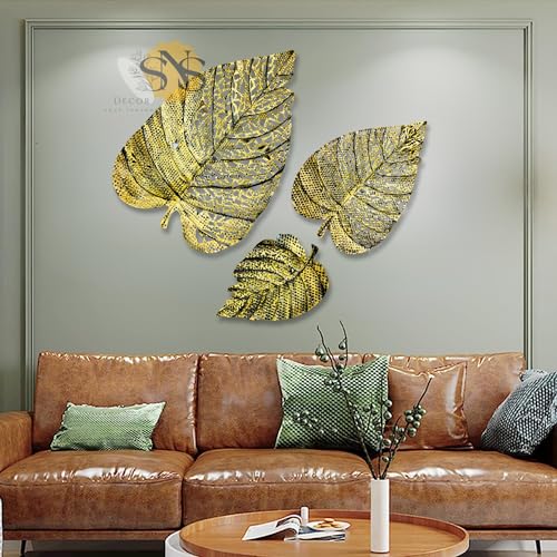Image of SNS Decor Metal Leaf Set of 3 (Color- Brass Antique) Wall Art Decorations | Modern Luxury Metal Wall Art Decor For Home, Restaurant, Hotel & Office (Design-092)
