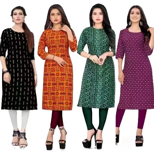 Image of Women's Printed Crepe Straight Kurti Collection, Indian Ethnic Wear, Multiple Colors, Casual Style, Regular Fit Pack of 4