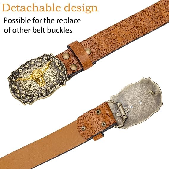 Image of Western-Cowboy-Leather-Belts for Women Turquoise-Oval-Buckle Embossed Belt