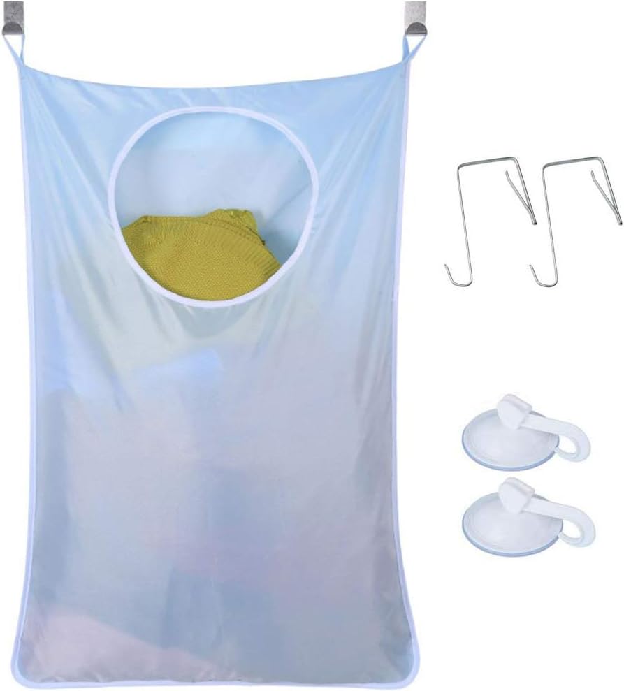 Uniuooi Door-Hanging Laundry Hamper Bag Blue, Foldable & Space Saving Corner Laundry Organiser with 2PCS Stainless Steel Door Hooks 2PCS Suction Hooks