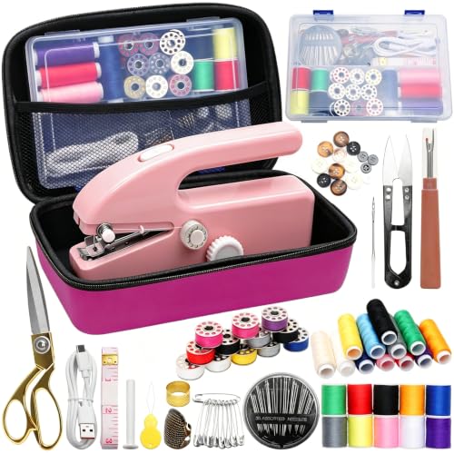 Image of Hand Held Sewing Machine for Adults & Beginners, with Pink Leather Storage Case and 112 PCS Sewing Kit, Portable Mini Hand Sewing Machine, Assorted Needles, Threads, Heavy Duty Scissors