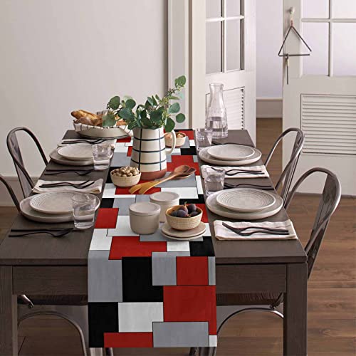 Irregular Geo Cotton Linen Table Runner Dresser Scarves,White Grey Black Red Abstract Geometric Table Runners For Dinning Table,Farmhouse Kitchen Decor,Holiday Dinner Decoration-13X36 Inch #TOP3