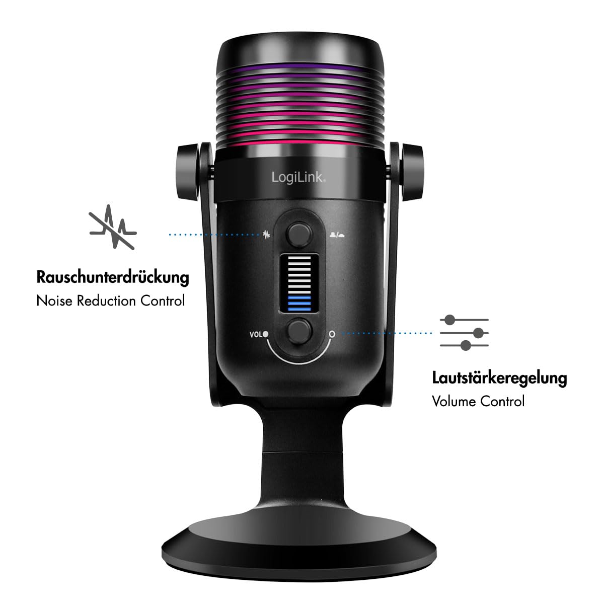LogiLink HS0058 - profesjonalny mikrofon do strumieniowania/podcastów/gier/studyjny, wzór odbierania dźwięku: nerka, NRC (Noise Reduction Control), 192 kHz @ 24 bit, ze światłem RGB