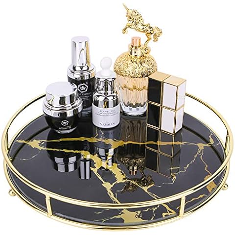 Simmer Stone Makeup Organizer Tray, Decorative Glass Vanity Tray for Perfume, Jewelry and Décor, Round Cosmetic Storage for Dresser, Countertop, Bathroom and More, Golden Black Marbling Cover