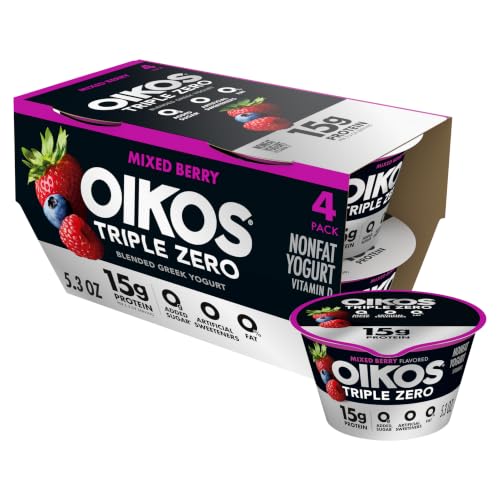 Oikos Triple Zero Greek Yogurt, Mixed Berry, 15g Protein, 5.3 oz, 4 Count