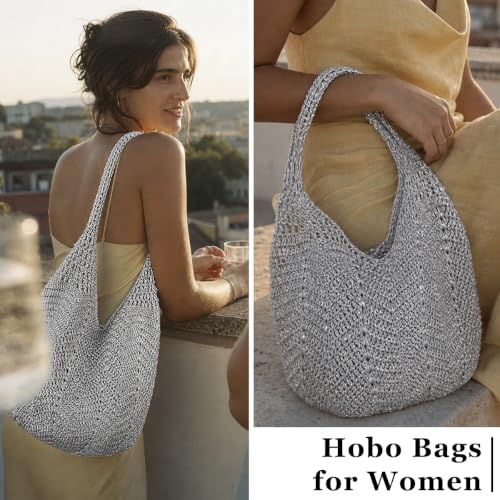 Image of Boho Crochet Shoulder Bag for Women, Colorful Beaded Beach Tote Handbag Lightweight Summer Knit Hobo Purse &Travel Organizer