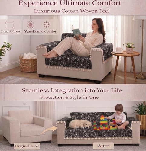 Image of STITCHNEST Woven Fabric Sofa Cover 3 Seater with 2 Hand Rest Covers - Washable Black Sofa Cover with Tassels - Durable Premium Fabric - Stylish Sofa Protector for Living Room & Furniture Decor