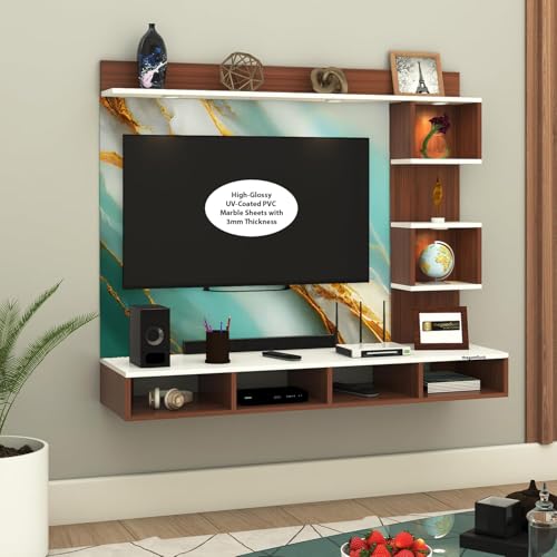 Image of TV Cabinet for Bedroom 32 inch to 65 Inches Engineered Wood TV Entertainment Unit Back Side 3mm UPVC Self Adhsive Waterproof Sheet and Lights (Sea Green-Blue, 32-55 Inches, with Fitting)