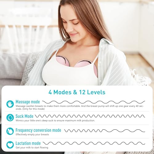 Image of MISK Wearable electrical breast pump for feeding mothers, 4 modes & 12 Levels, Rechargeable, Automatic, Painless & Portable hands-free breastfeeding pump, 210 ML Milk Cup Capacity & 1200mAh Battery, BPA-Free Material, 19mm, 21mm & 24 mm Flange size included, LED Display, FDA approved (1 Year Warranty)