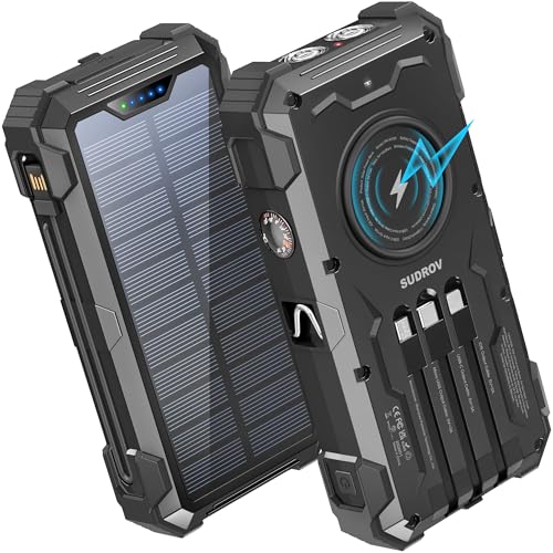 Sudrov Solar Charger Power Bank 20000mAh Wireless Portable Charger with USB-C in/Output QC3.0 Fast Charging 15W 4 Ports Outdoor Battery Pack Built-in LED Flashlight for iPhone Galaxy iPad etc