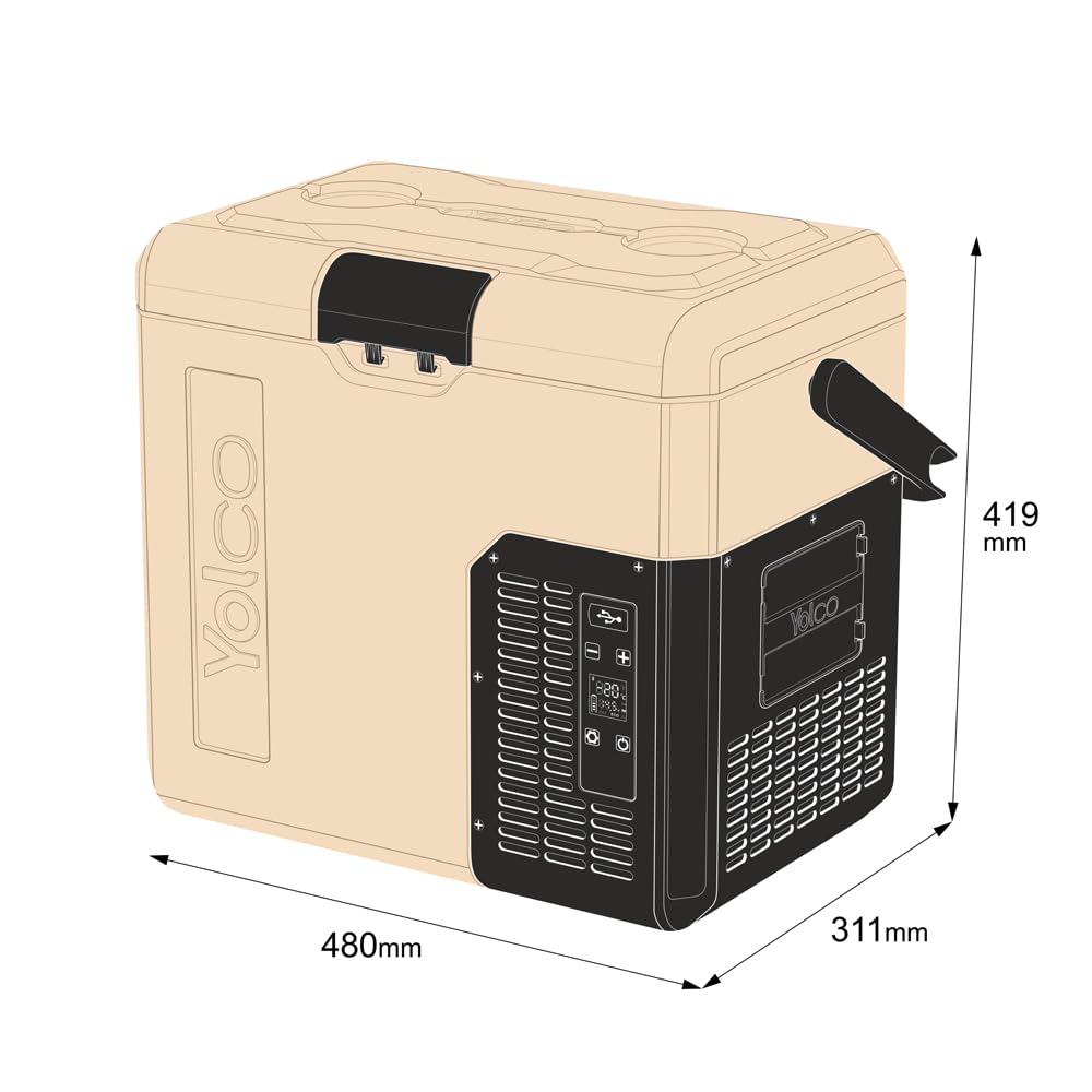 Yolco ET18 piaskowa lodówka podróżna z kompresorem, 18 l, z akumulatorem SC4B, przenośna lodówka i zamrażarka do -20°C, 12/24 V DC i 230 V, USB, do samochodu, ciężarówki, łodzi, na kemping, szara