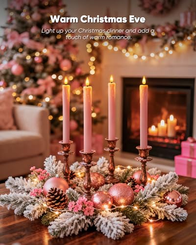 Image of Homemory 3 Pcs Waxy Pink Flameless Taper Candles with Remote Timer, LED Fake Candlesticks, 9.6 Inches Battery Tall Candle with 3D Flickering Flame for Wedding, Dinner, Christmas Anniversary Decor