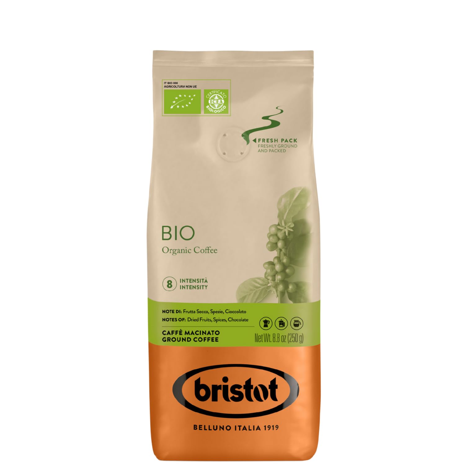 Bristot Organic Ground Espresso – Medium Roast Italian Coffee – For Moka, French Press & Pour Over – 8.8 oz (250g) – Certified Bio