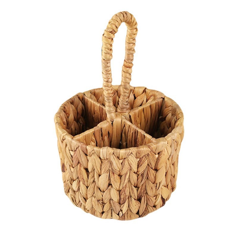 Lehua Brown Utensil Carrier, Flatware Organizer, Utensils Holder, Hand Woven Water Hyacinth Cutlery Holder For Countertop With Handle
