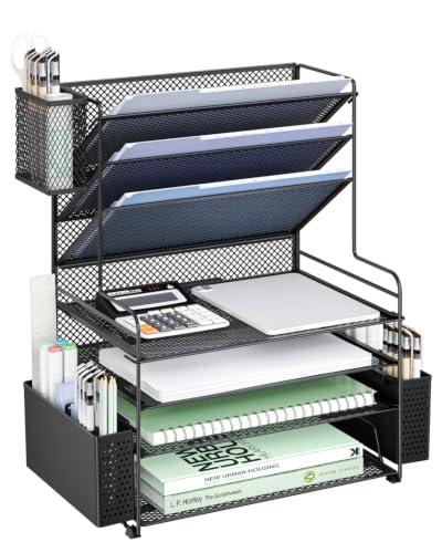 Image of WALI Desk File Organizer, 7 Tier Desktop Paper Letter Tray Organizer with Drawer and 3 Pen Holders, Office Desk Accessories & Workspace Organizers for Office, Home, School Supplies, 1 Pack, Black