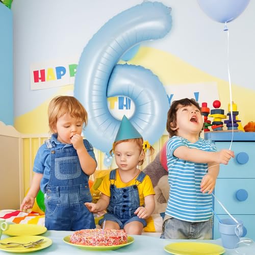 Image of Light Blue Number 6 Balloon, 40 Inch Big Large Foil Number Balloons, Giant Mylar Number 6 Balloons for 6 Year Old Birthday Baby Party Decorations Supplies Anniversary