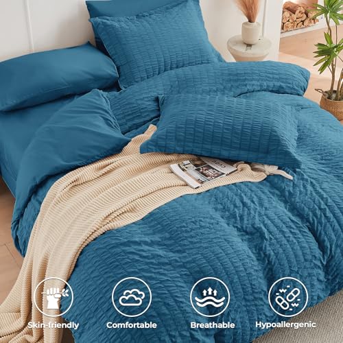 Image of HYMOKEGE Teal Full Size Comforter Sets Seersucker 7 Pieces, All Season Luxury Bed in a Bag for Bedroom, Bedding Set with Comforters, Sheets, Pillowcases & Shams