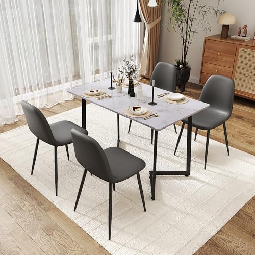 OC Orange-Casual 5-teiliges Esszimmer-Set mit Marmortischplatte & 4 Schalenform Kunstleder Essstühle–Modernes Küchen- & Esszimmertisch Set für 4 Personen (4 Stühle + Esstisch) (Grau)