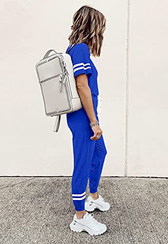 Image of PRETTYGARDEN Women Summer Two Piece Outfits Striped Short Sleeve Pullover and Long Pants Tracksuit Travel Pajama Lounge Set