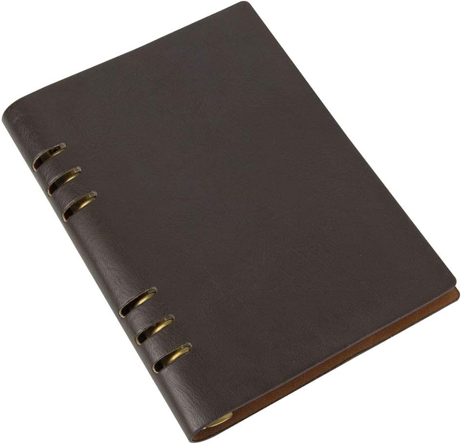 Vintage Notebook Paper Lined For College Students PU Leather Retro Cover Refillable Journal 6 Ring A5 Planner Binder Travelers Diary With Card Pockets (Pitchy Coffee)