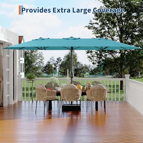 15FT Rectangular Patio Umbrella with Base Included - Large Patio Umbrella with Crank Handle, UV Protection for Outdoor Market, Backyard, Pool - Turquois