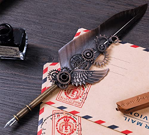 Feather Pen Jubapoz Calligraphy Pen and Ink Set Antique Quill Pen Refillable Ink Dip Pens for Writing, Drawing, Signatures, Wedding, Birthday Gifts, Retro Decoration (Grey) - Thumbnail 6