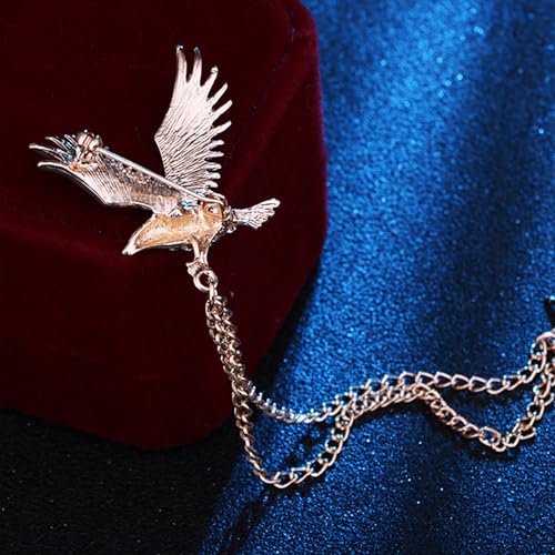 Image of Vintage Hawk Chain Brooch Pin Animal Eagle Bird Long Chain Tassel Suit Lapel Pin Rhinestone Hawk Badge Pin Jewelry for Men Women