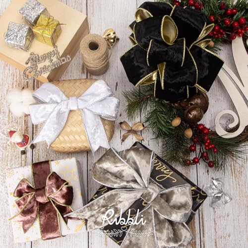 Image of Ribbli White Velvet Wired Ribbon 2.5 Inch Metallic White Silver Crushed Velvet Christmas Ribbon for Gift Wrapping Christmas Tree Decoration Crafts Wreaths Supplies-Continuous 10 Yards