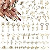 100 Pcs Gold Dangle Nail Charms, Gold Heart Bow Stars Nails Charms and Gems, Metal Golden Planet Butterfly Cross Star Charm for Acrylic Nails Art DIY Design