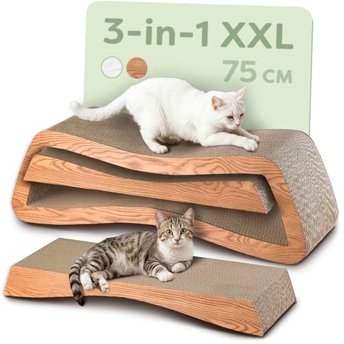 Knupis Kratzmöbel Kratzbrett Katze 3-teilig XXL 75cm – Besonders Kratzfeste Kratzpappe zur Krallenpflege – Bis zu 2 Jahre Kratzspaß – Platzsparend – Schutz für Sofa und Möbel (Mountain) (Braun)
