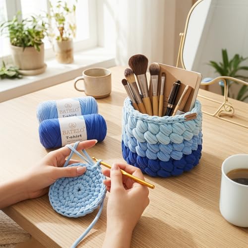 Image of 2 Pack T-Shirt Yarn for Beginner Crochet Bags /Basket /Coaster, 400g /144yds High Elastic Thick Polyester Fabric (Sky Blue+Royal Blue)
