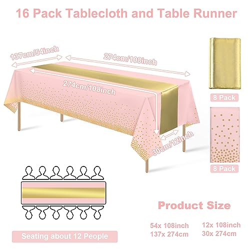 16Pack Disposable Plastic Tablecloths and Satin Table Runner Set Pink and Gold Dot Tablecloth Gold Satin Table Runner for Wedding Birthday Baby Shower Anniversary Christmas New Year Party Supplies by MASHAN - Used condition - Image 2