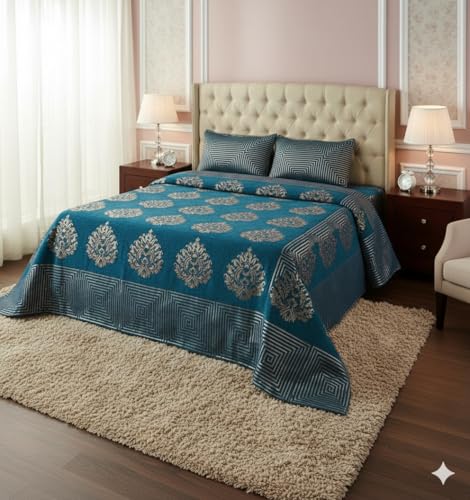 Image of Fresh from Loom Bedroom Bedsheet for Bedroom, Dimas Print Design, Chenille 500 TC Fabric Bedsheet Set with 2 Pillow Covers, Soft Feel Bed Cover, Breathable 90x100 Inches | Jhumka Aqua | Chenille