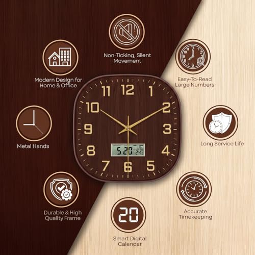 Image of STAR WORK 12 inch Inch Square Silent Non-Ticking Quartz Movement Wall Clock with Analog & Digital Display | Easy-to-Read Numbers | Modern Design for Living Room, Bedroom or Office (Walnut - Gold Digital)