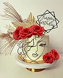 Red Acrylic Minimalist Art Lady Face Cake Topper Rose Cake Topper Vintage Rose Flower Wedding Cake T