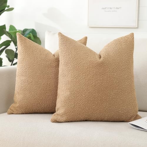Artscope Pack of 2 Textured Boucle Cushion Covers Lumbar Pillow Cases Cozy Soft Decorative Couch Pillow Covers for Chair Sofa Bedroom Living Room Home Decor 40x40cm, Tobacco