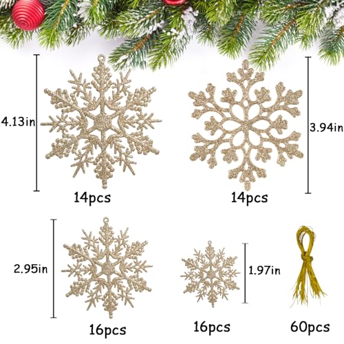 Image of 60pcs Christmas Champagne Gold Snowflake Ornaments Plastic Glitter Snow Flakes Ornaments for Winter Christmas Tree Decorations Size Varies Craft Snowflakes