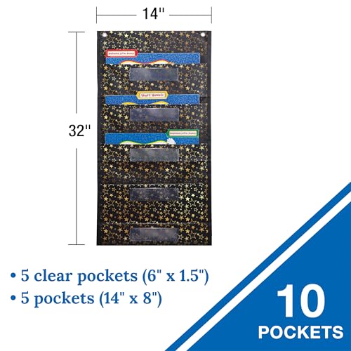 Carson Dellosa 14" x 32" Black Hanging File Folders Storage Pocket Chart with Gold Stars, 6 Pocket Paper Organizer for Games, Teacher Supplies for Homeschool, Classroom and Office Organization - Thumbnail 2