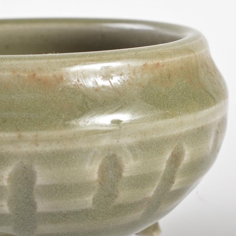 龍泉窯青磁 🌻 刻線文 三足香炉 【ナイロン】 C R6858E