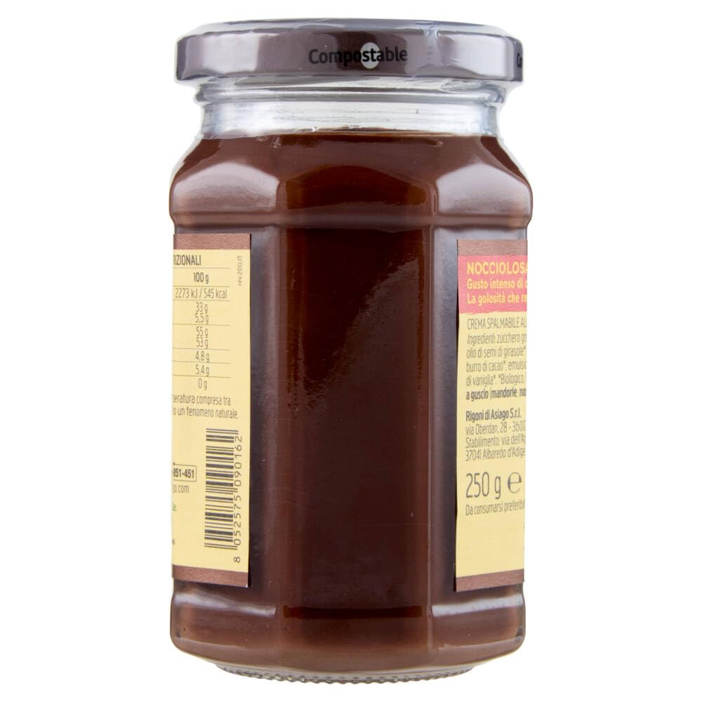 Italian Gourmet Rigoni di asiago Pâte à tartiner noisettes & cacao noir 6 x 250 g – sans lait, goût intense, idéale petit-déjeuner & pâtisserie, pot en verre + Italian Gourmet Polpa