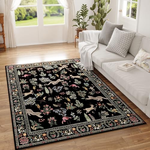 Area Rug 4x6 Rug Washable Boho Rugs Non Slip Low Pile Floral Animal Small Carpet for Bedroom, Bedside, Kids Room, Office, Dining Room (Black)