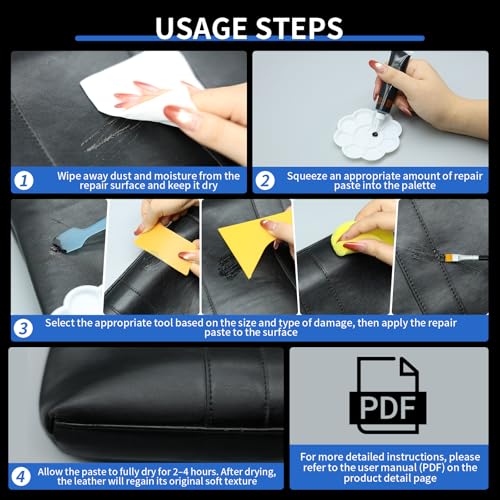 Leder Reparatur Set Schwarz 60g, Flüssigleder, Kunstleder Reparaturset, Lederreparaturset Schwarz, für Reparatur von Kratzern, Löchern und Verfärbungen auf Leder-Autositzen, Sofas, Handtaschen