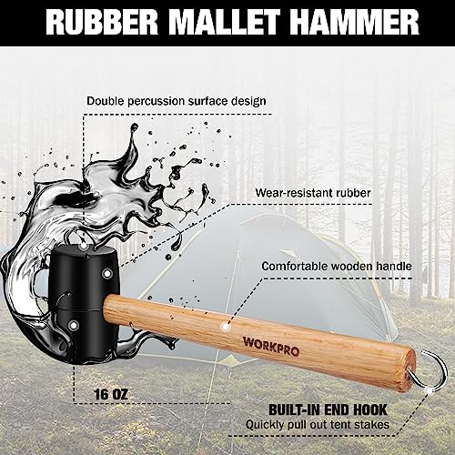 WORKPRO-Tent-Stakes-and-Hammer-Set-16oz-Rubber-Mallet-Hammer-Wooden-Handle-10PC-Heavy-Duty-Metal-Tent-Stakes-and-Storage-Bag-DIY-Woodworking-Camping-Accessories-for-Ground-Camp-and-Graden