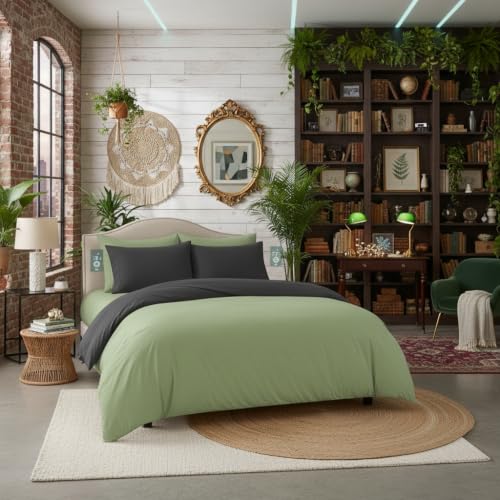 Image of Duvet Cover Double Size Bed (90x95 Inch) 1 Duvet Cover + 4 Pillow Covers with Zipper 600 TC Cotton Reversible Luxurious Quilt, Comforter, Rajai, Blanket Cover (Sage /Dark Grey)