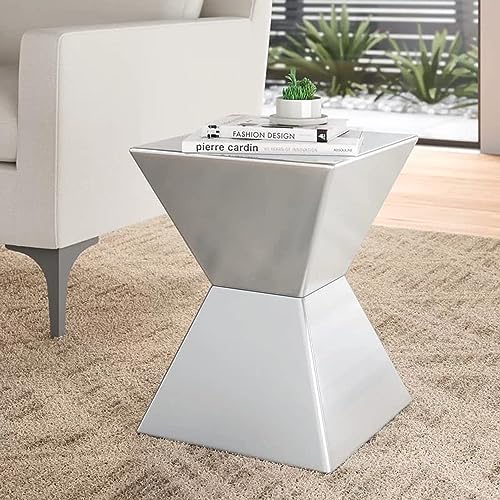 Image of Wooden Block Accent Side Table in Antique Wooden Design, Fully Assembled, End, Bedside Table and Nightstand, for The Living Room and Bedroom-White